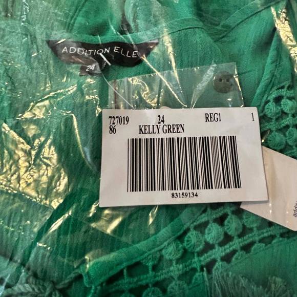 NEW PHOTOS! CROCHET DETAIL TOP, TASSLES, ¾ SLEEVES, KELLY GREEN, SIZE 24, RAYON/ - Picture 3 of 10